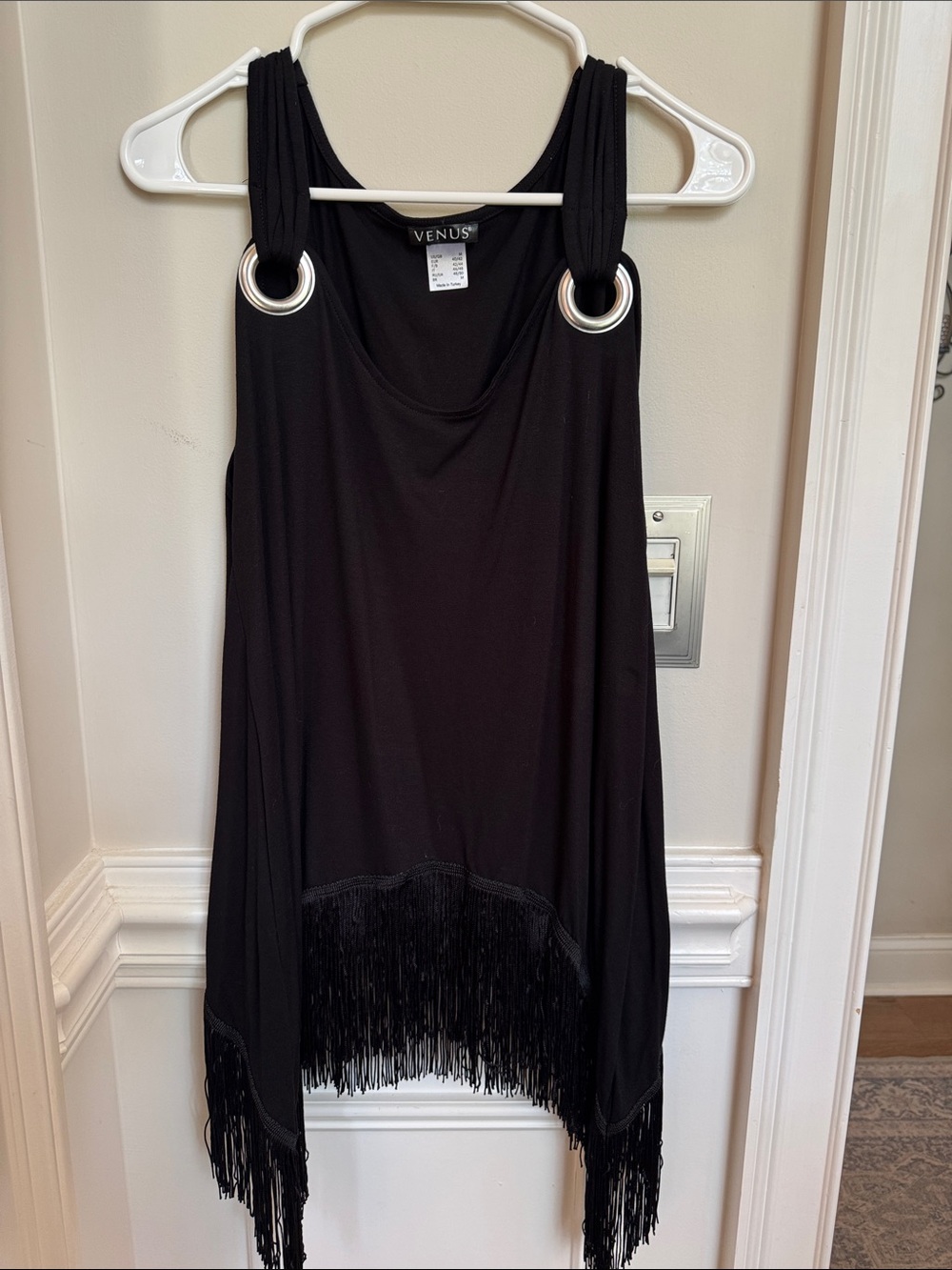 VENUS Black Sleeveless Tank with Silver Ring Straps and Fringe